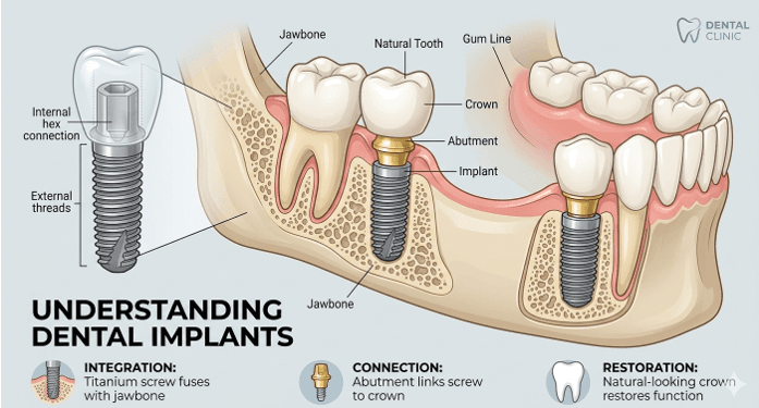 Detailed diagram showing dental implant components: integration titanium screw, connection abutment, and restoration crown